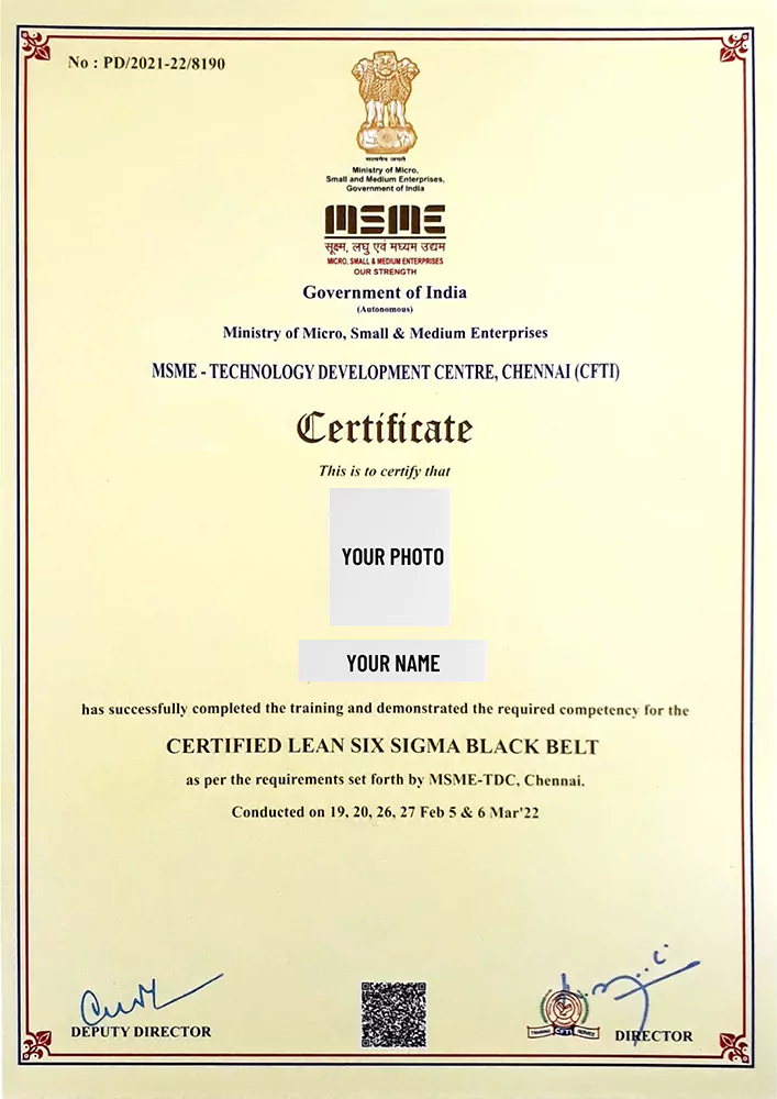 Empowering Futures: MSME Technology Development Chennai Announces Lean Six Sigma Certification Program 3 six sigma black belt certificate Vision Excellence