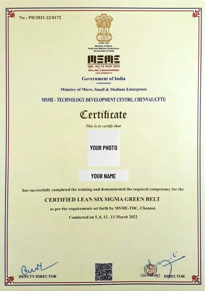 Empowering Futures: MSME Technology Development Chennai Announces Lean Six Sigma Certification Program 4 six sigma green belt certificate Vision Excellence